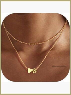 Layered Initial Necklace, 14K Gold Plated, Dainty Heart Pendant, Personalized